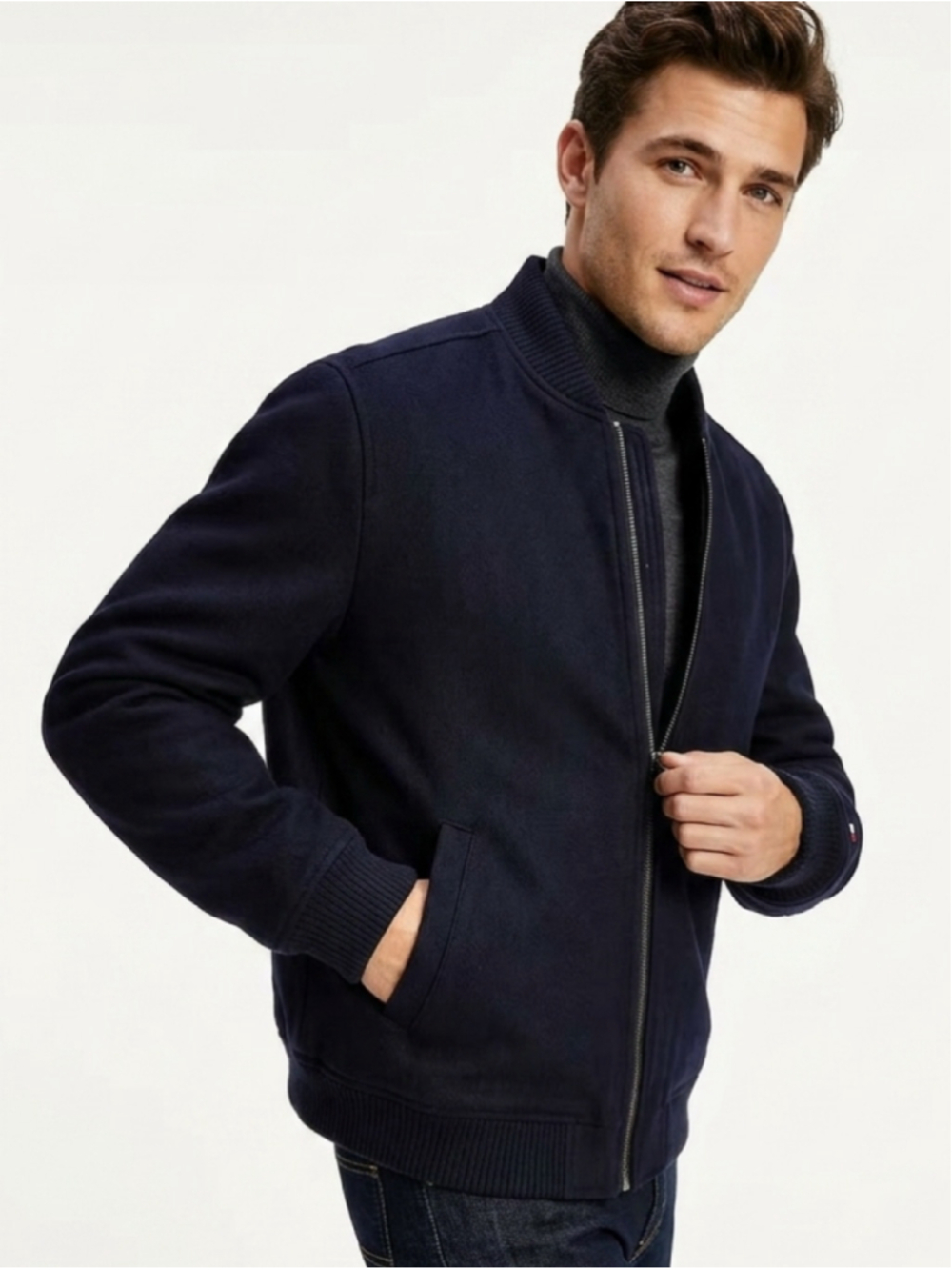 Tommy Hilfiger Men’s Premium Wool Blend Full-Zip Quilted Bomber Jacket Blue L